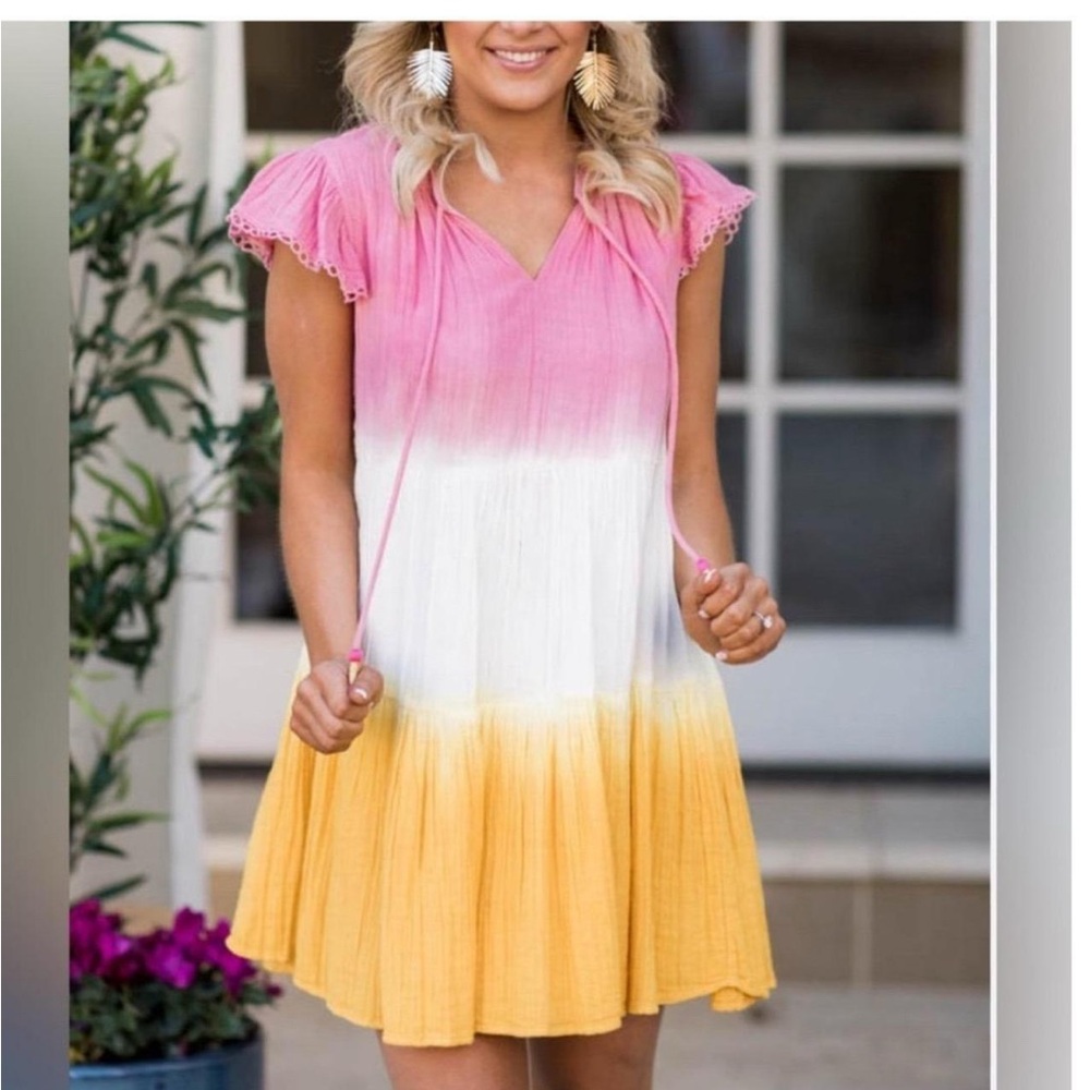 THML Abaco Dip Dye Dress Yellow Pink Tiered Flowy Mini Crinkle Fabric Size Small